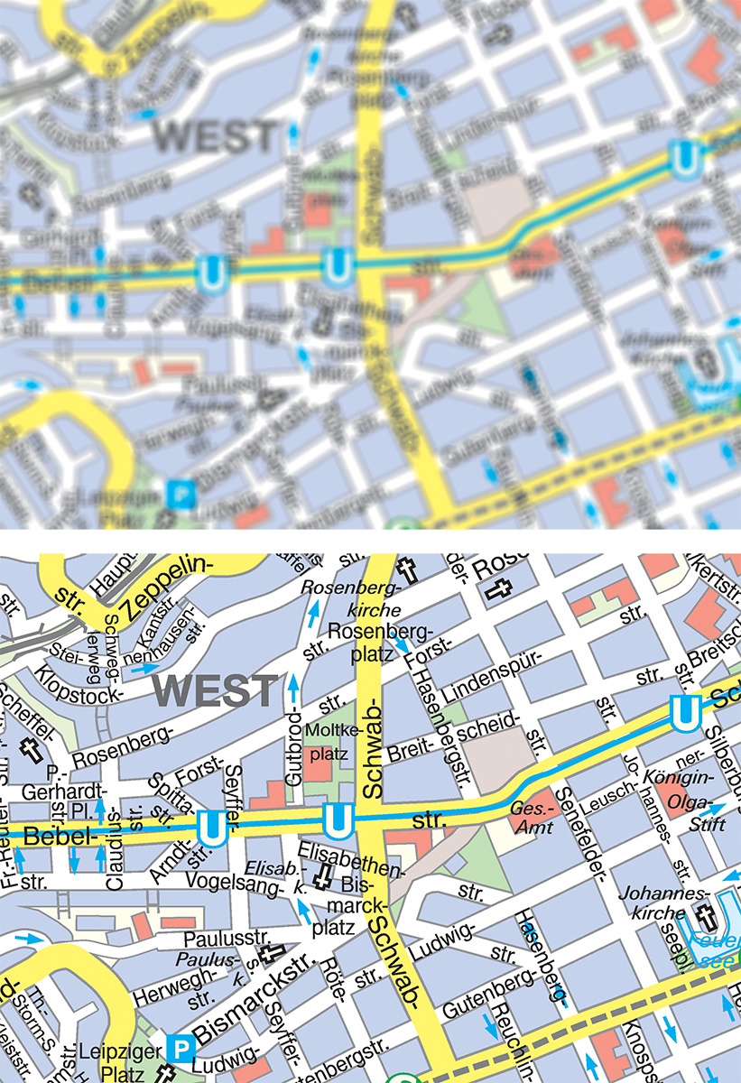 A comparison of a blurry map and a clear map