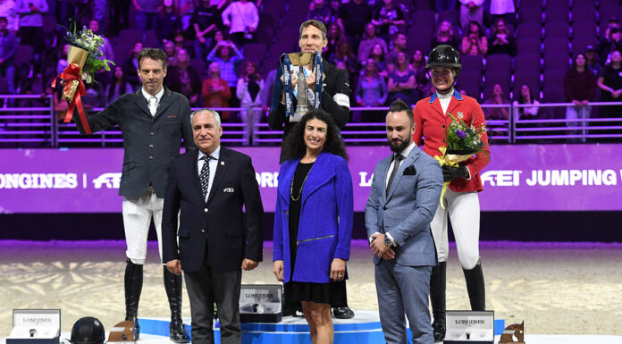 The awards podium for the 2023 Omaha FEI Longines World Cup Jumping Finals